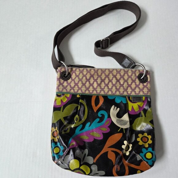 Fossil Purse Key Per Black Floral Birds Colorful Crossbody Preppy Boho Mod - Picture 1 of 9